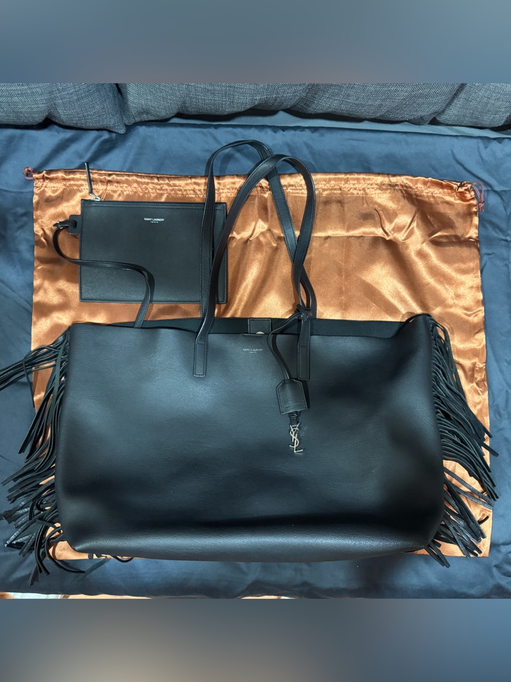 ❤️ YSL Saint Laurent East West Fringe Black Tote Bag Purse w/ Matching Pouch ❤️